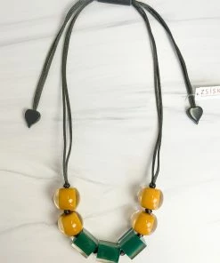 Zsiska Colorful Cubes 7 Mix Bead Adjustable Necklace, Teal Green/Mustard