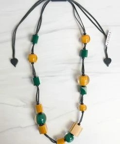 Zsiska Zsiska Colorful Cubes Mix Bead Long Adjustable Necklace, Teal Green/Mustard